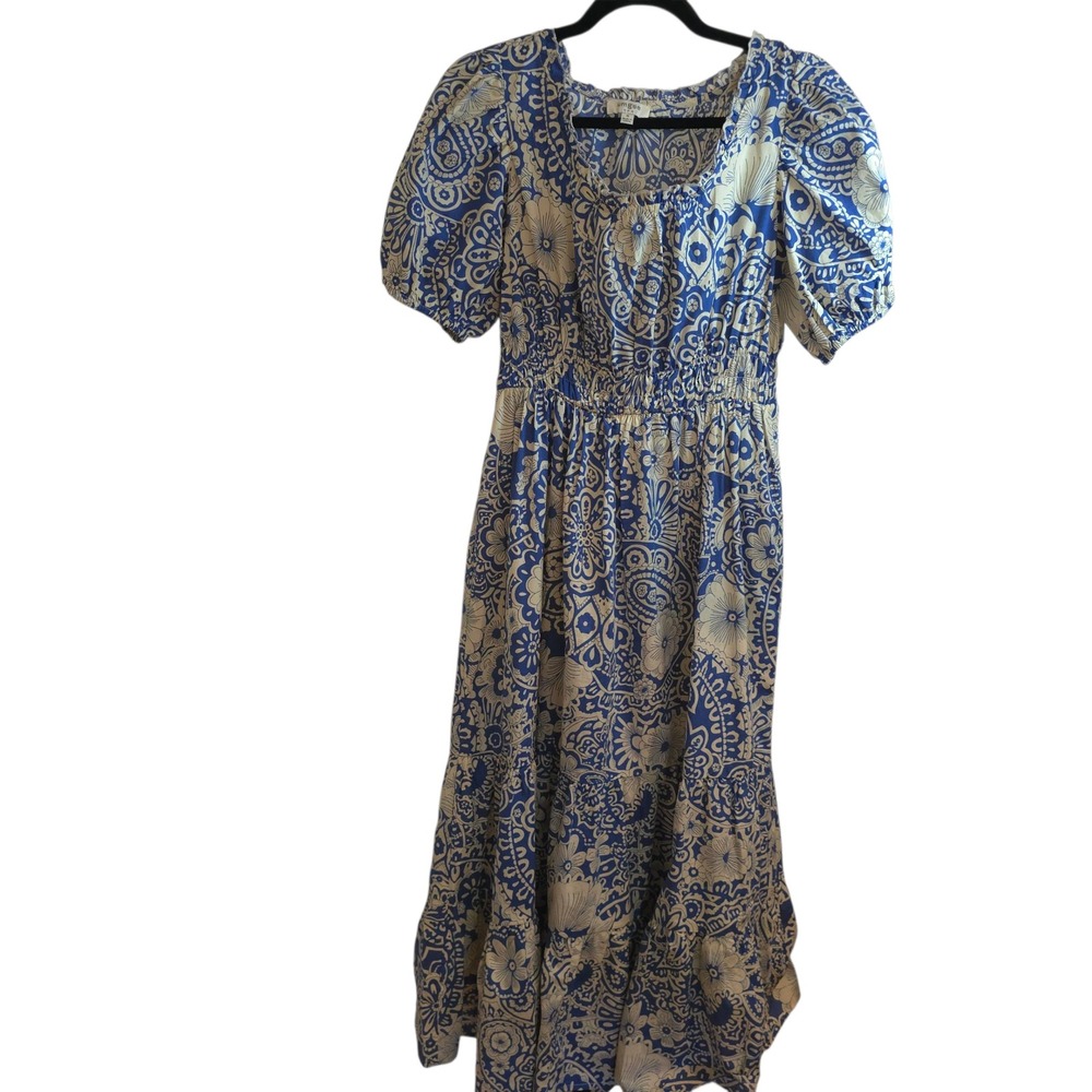 Umgee Blue Floral Puff Sleeve Maxi‎ Dress M Cotton Square Neck Boho Cottagecore